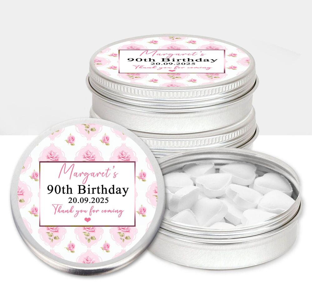 Pink Roses Adult Birthday Party Favours Sweets Mints Tins x1