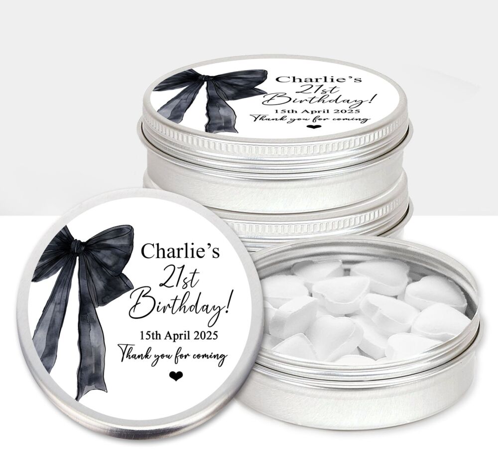 Black Bow Adult Birthday Party Favours Sweets Mints Tins x1