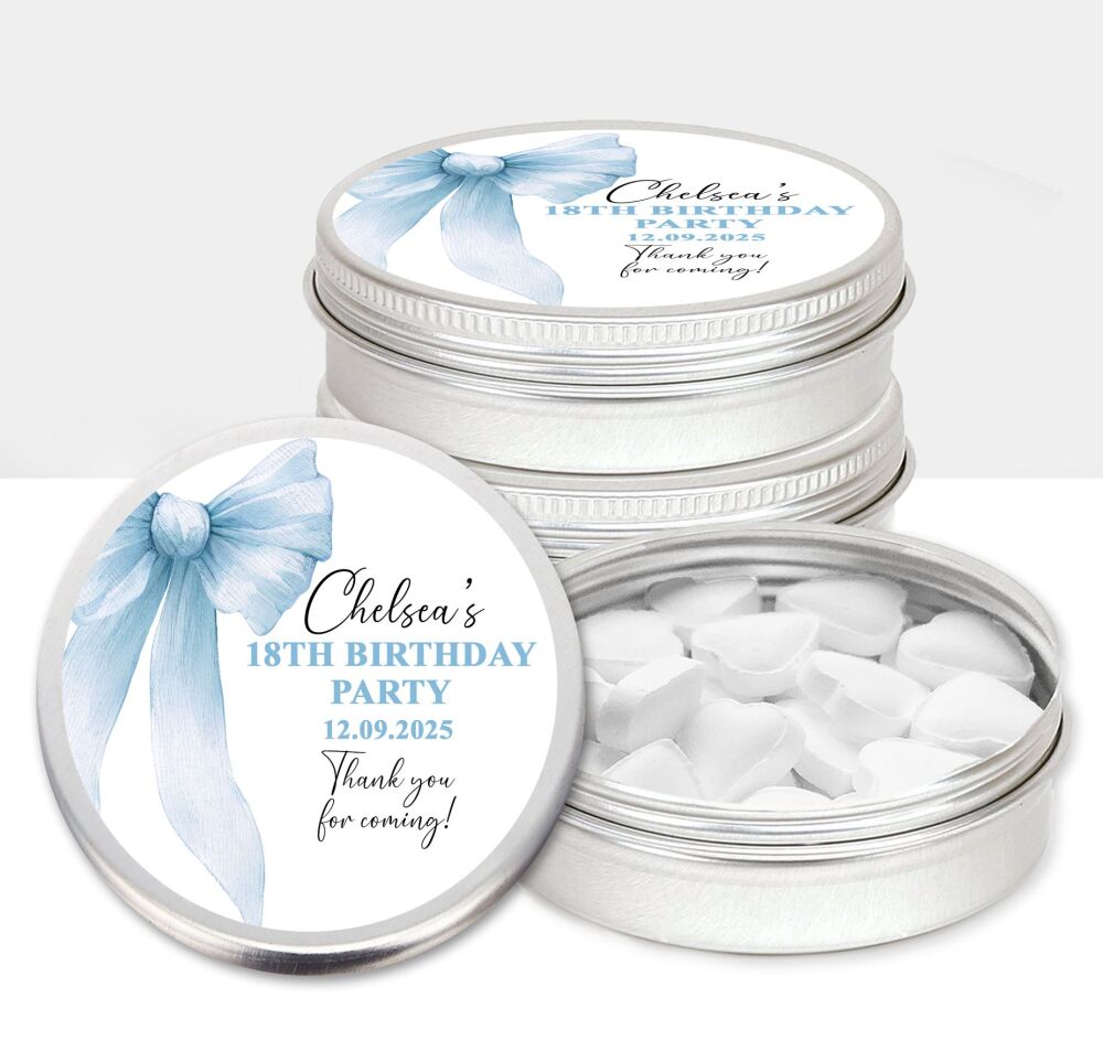 Blue Bow Adult Birthday Party Favours Sweets Mints Tins x1