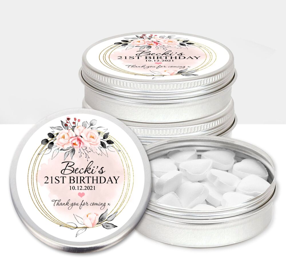 Blush and Grey Floral Frame Adult Birthday Party Favours Sweets Mints Tins x1