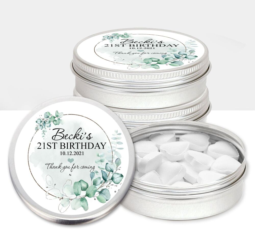 Elegant Eucalyptus Adult Birthday Party Favours Sweets Mints Tins x1