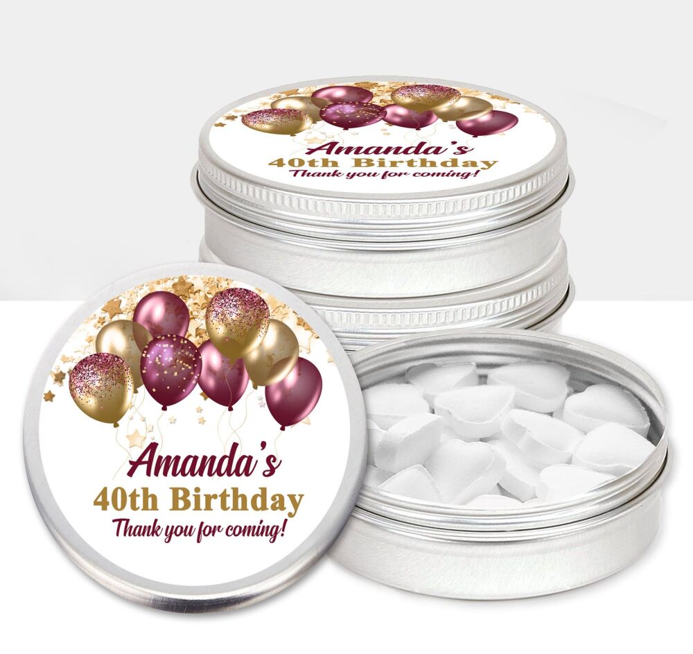 Burgundy Gold Balloons Adult Birthday Party Favours Sweets Mints Tins x1