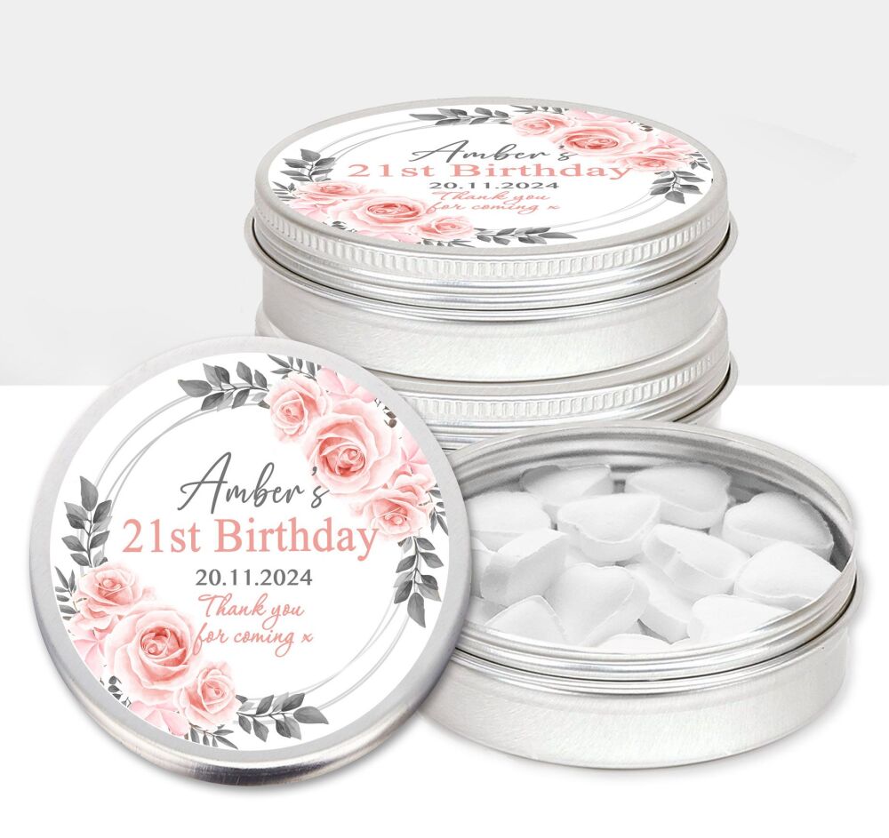 Blush Pink Roses Adult Birthday Party Favours Sweets Mints Tins x1