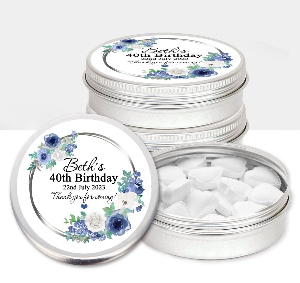 Blue And White Floral Adult Birthday Party Favours Sweets Mints Tins x1