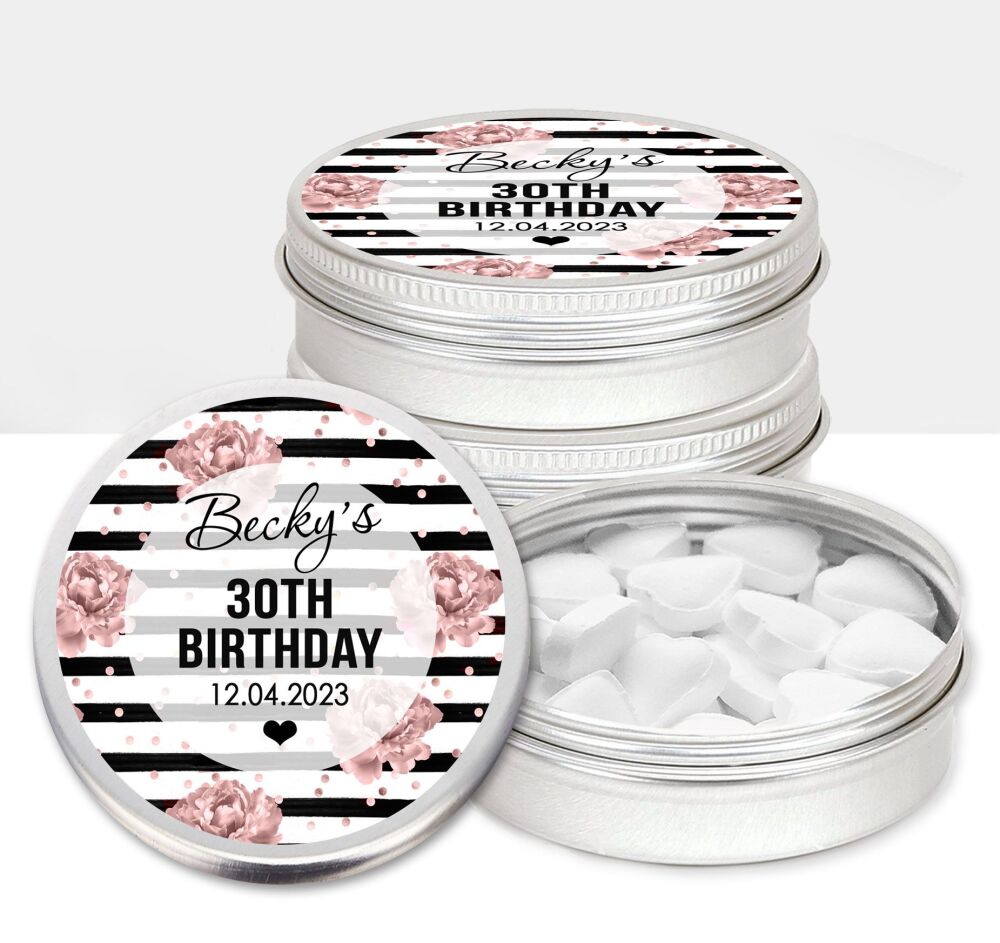 Rose Gold Floral Confetti Stripes Adult Birthday Party Favours Sweets Mints Tins x1