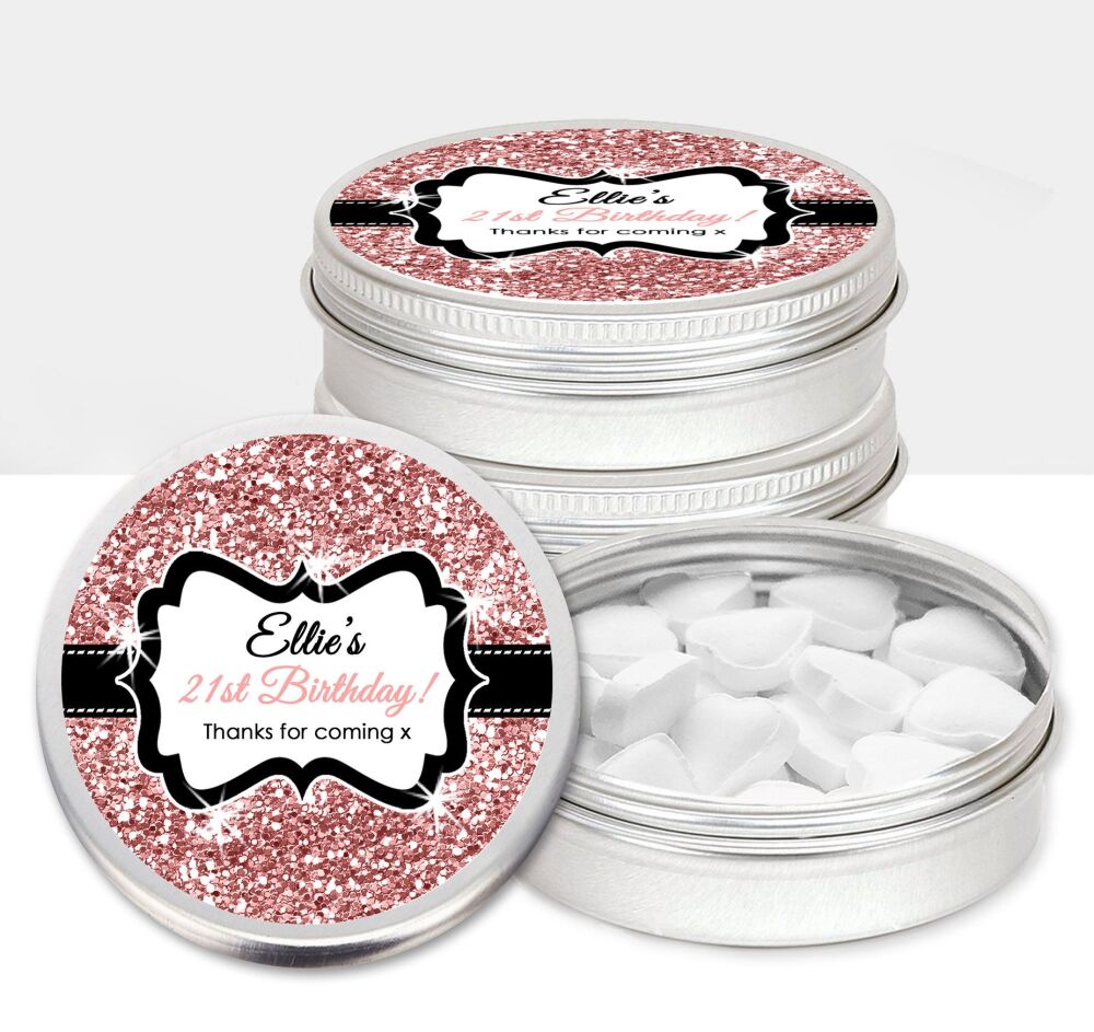 Rose Gold Glitter Print Adult Birthday Party Favours Sweets Mints Tins x1