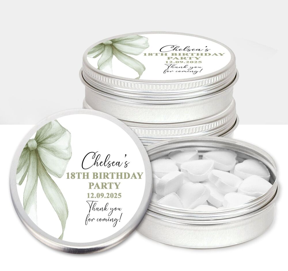 Sage Green Bow Adult Birthday Party Favours Sweets Mints Tins x1