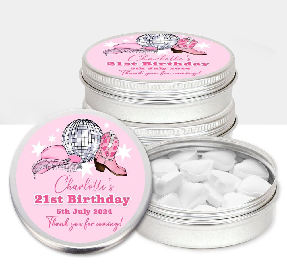 Pink Cowgirl Disco Adult Birthday Party Favours Sweets Mints Tins x1