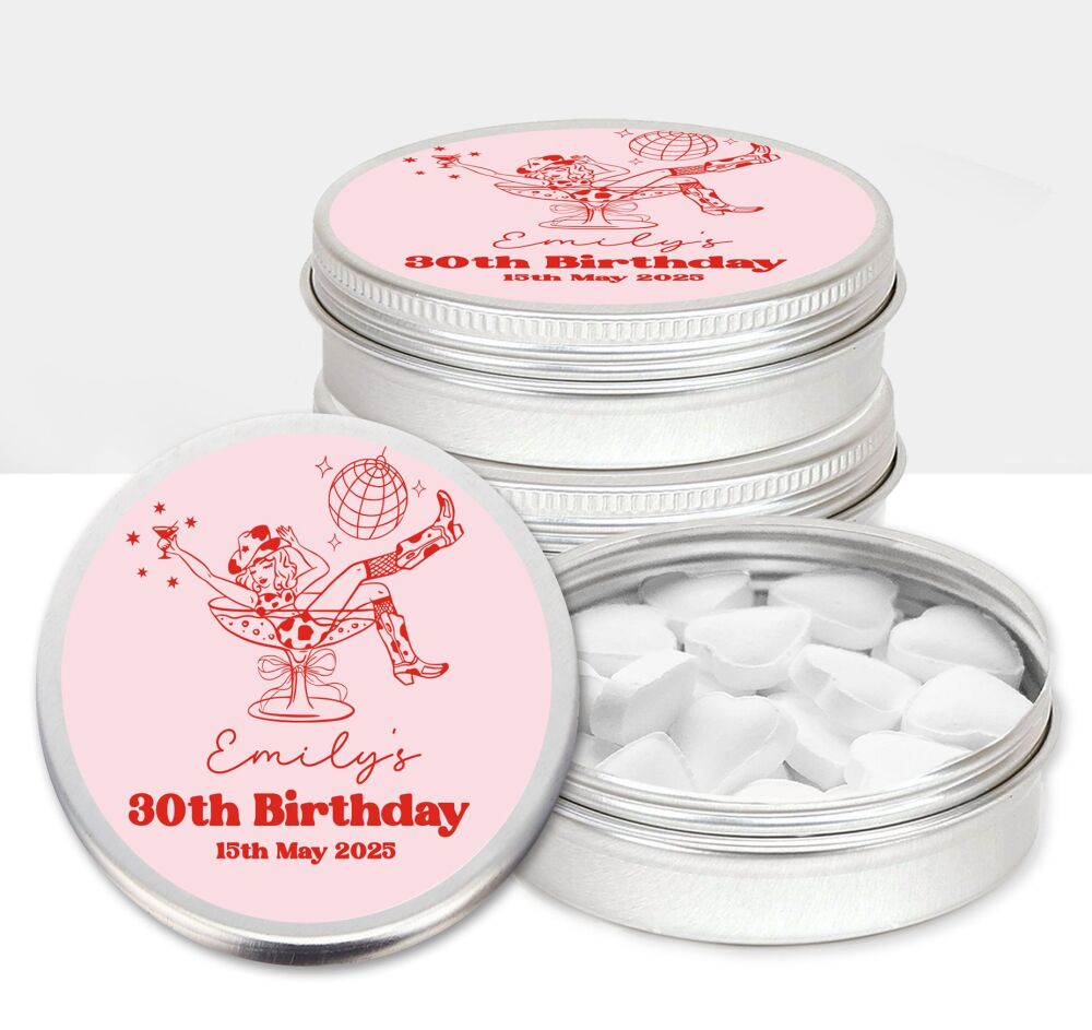 Pink Cowgirl Disco Adult Birthday Party Favours Sweets Mints Tins x1