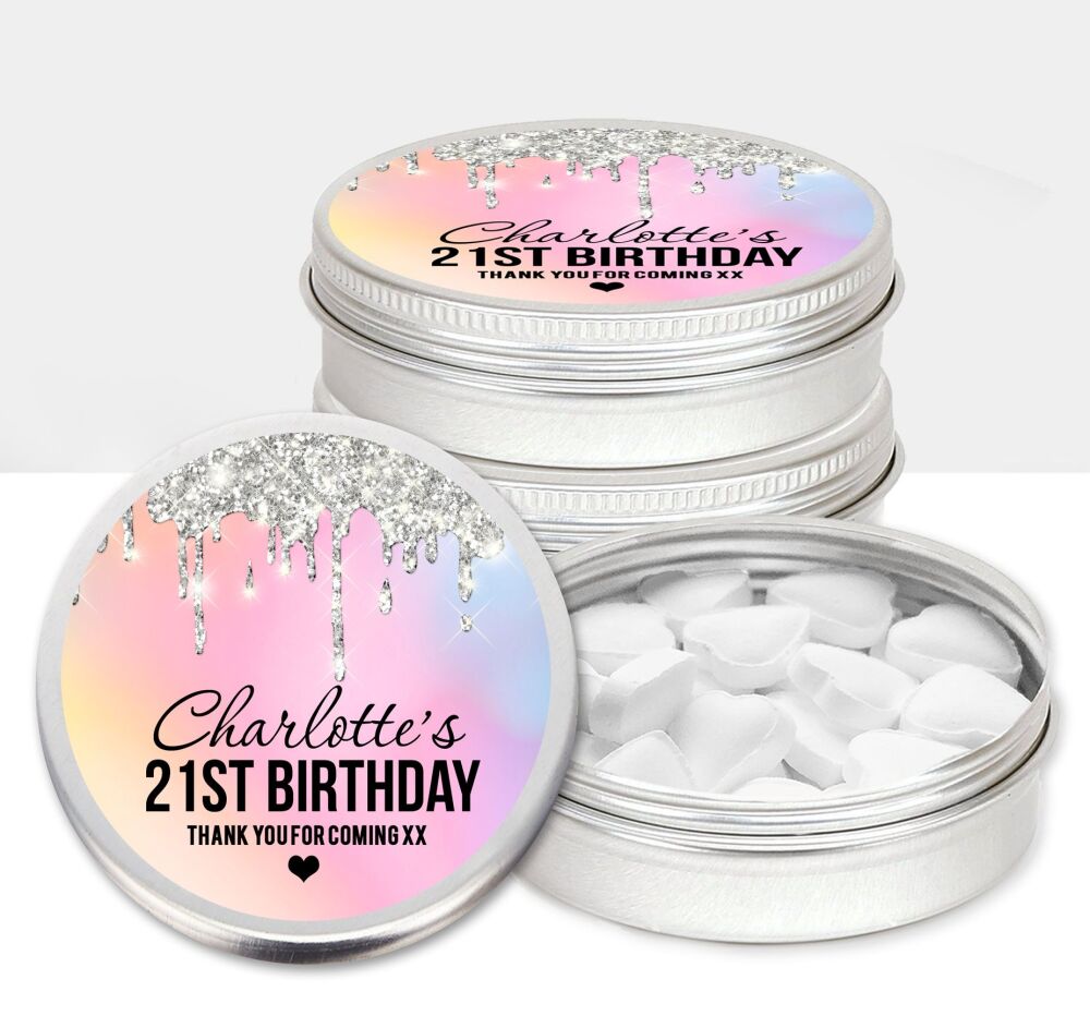 Rainbow Silver Dripping Glitter Adult Birthday Party Favours Sweets Mints Tins x1
