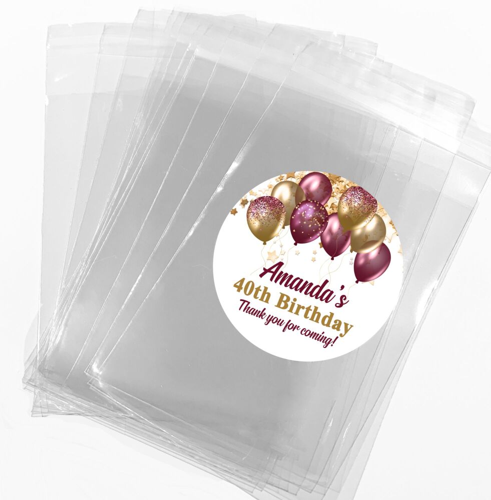 Burgundy and Gold Balloons Adult Birthday Party Sweet Bags And Stickers Kits x1