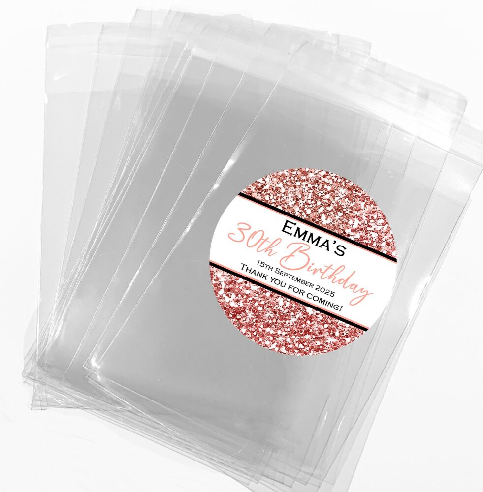 Rose Gold Glitter Banner Adult Birthday Party Sweet Bags And Stickers Kits x1