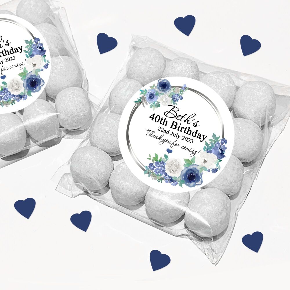 Blue and White Floral Adult Birthday Party Sweet Bags And Stickers Kits x1