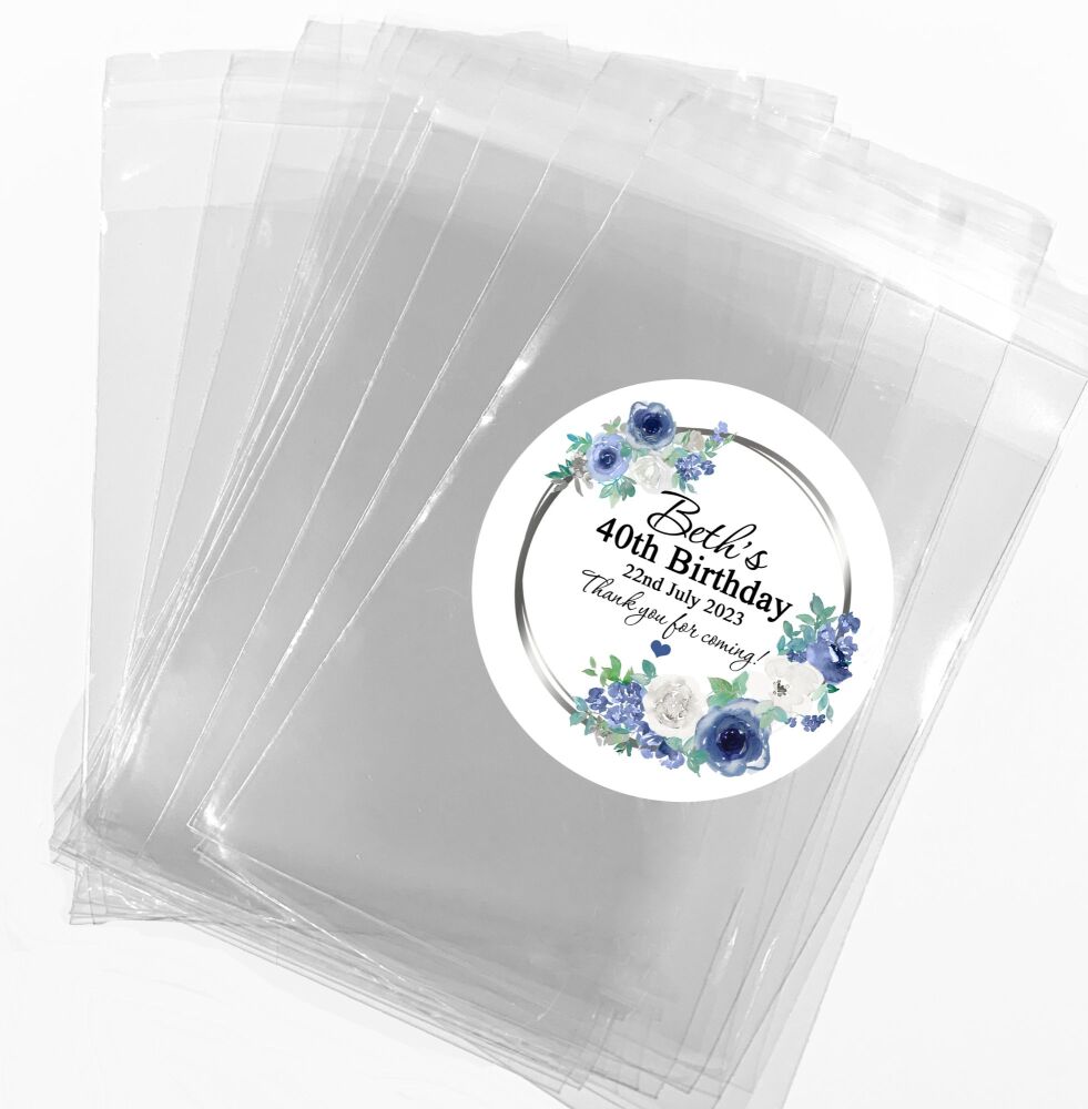 Blue and White Floral Adult Birthday Party Sweet Bags And Stickers Kits x1