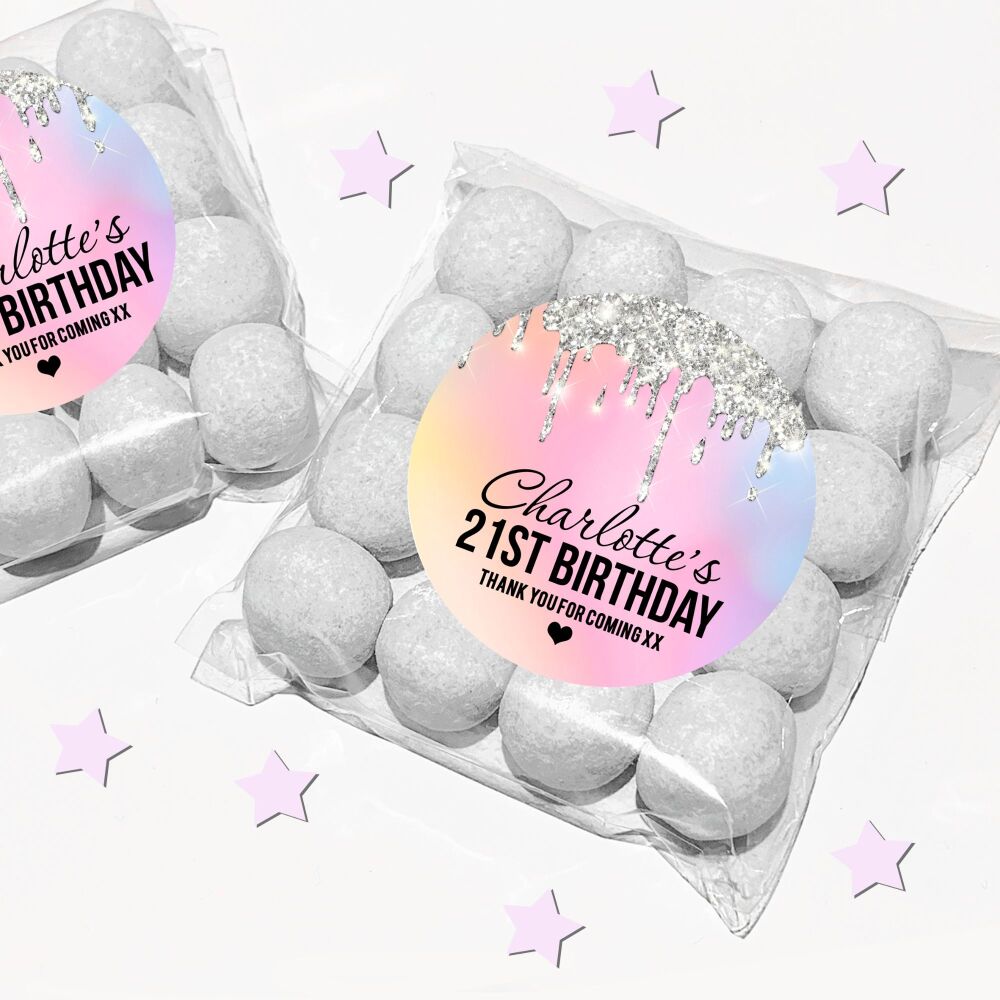 Rainbow Silver Dripping Glitter Adult Birthday Party Sweet Bags And Stickers Kits x1