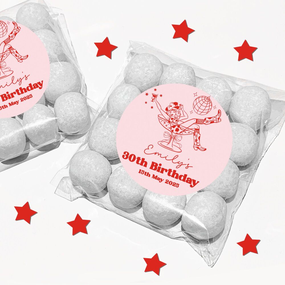 Cowgirl In Cocktail Glass Disco Adult Birthday Party Sweet Bags And Stickers Kits x1