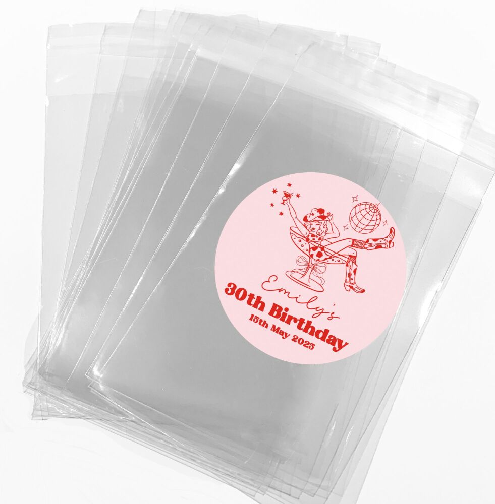 Cowgirl In Cocktail Glass Disco Adult Birthday Party Sweet Bags And Stickers Kits x1