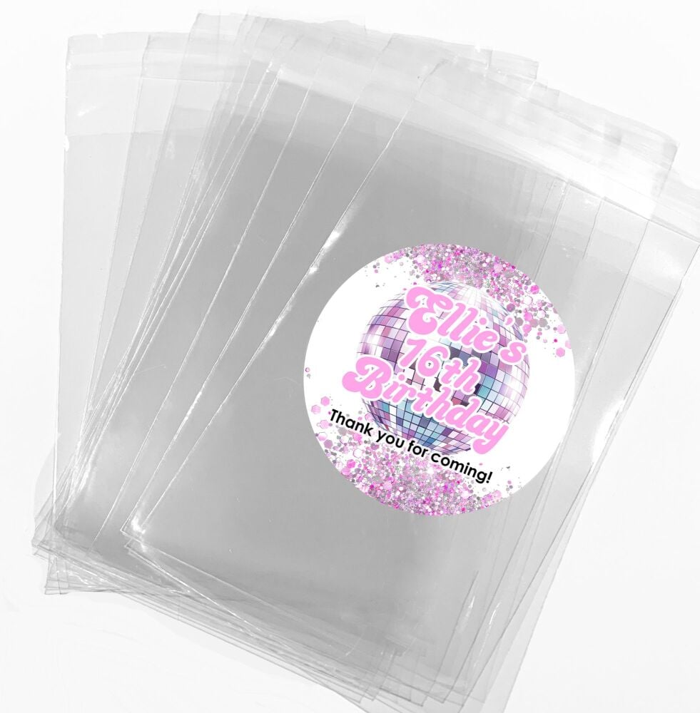 Pink Disco Ball Confetti Adult Birthday Party Sweet Bags And Stickers Kits x1