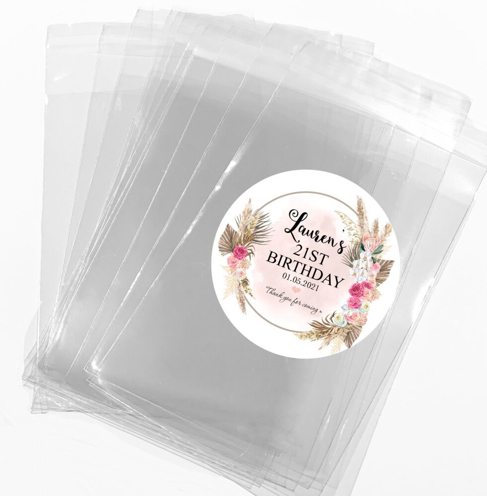 Boho Pampas Floral Frame Adult Birthday Party Sweet Bags And Stickers Kits x1