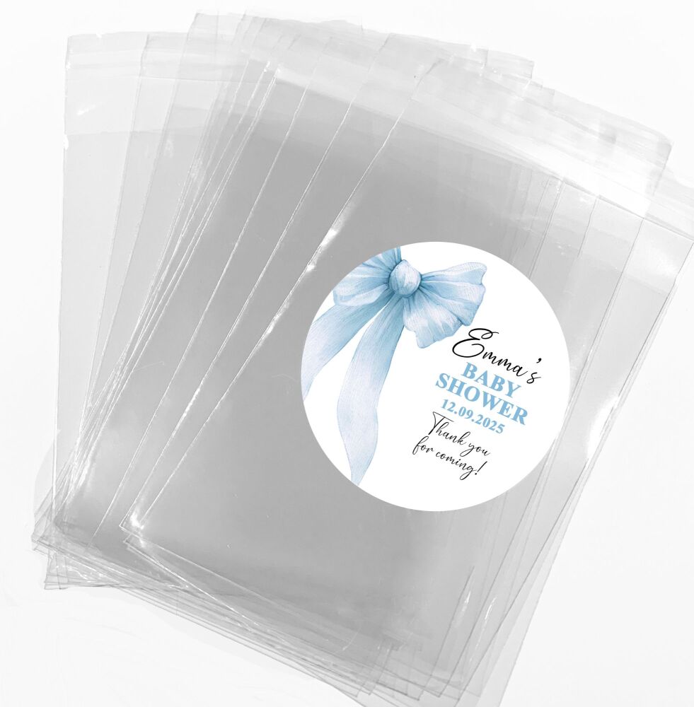 Blue Bow Baby Shower Party Favours Sweet Bags & Stickers Kits x1