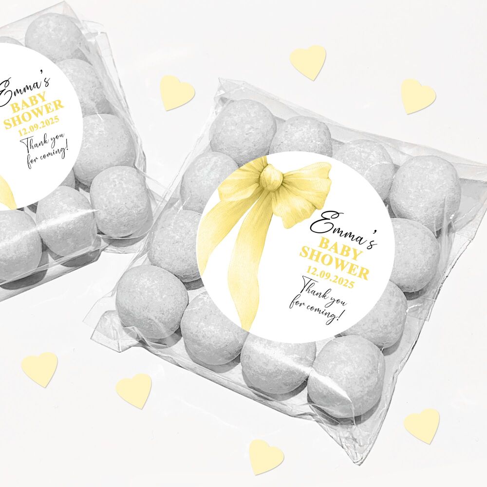 Yellow Bow Baby Shower Party Favours Sweet Bags & Stickers Kits x1