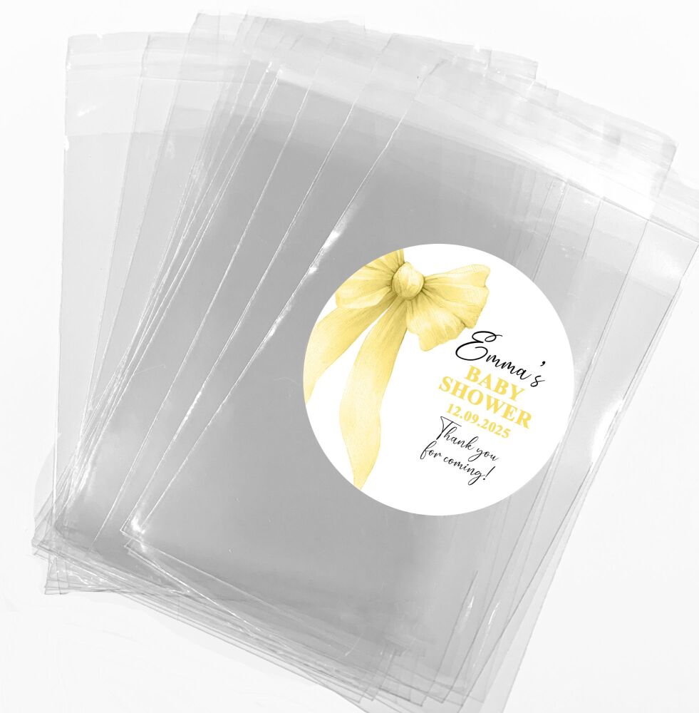 Yellow Bow Baby Shower Party Favours Sweet Bags & Stickers Kits x1