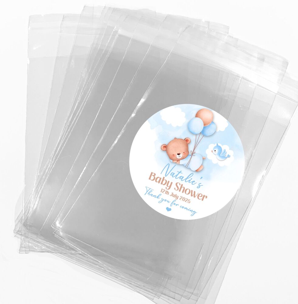 Blue Sleeping Bear Baby Shower Party Favours Sweet Bags & Stickers Kits x1