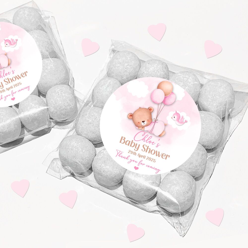 Pink Sleeping Bear Baby Shower Party Favours Sweet Bags & Stickers Kits x1