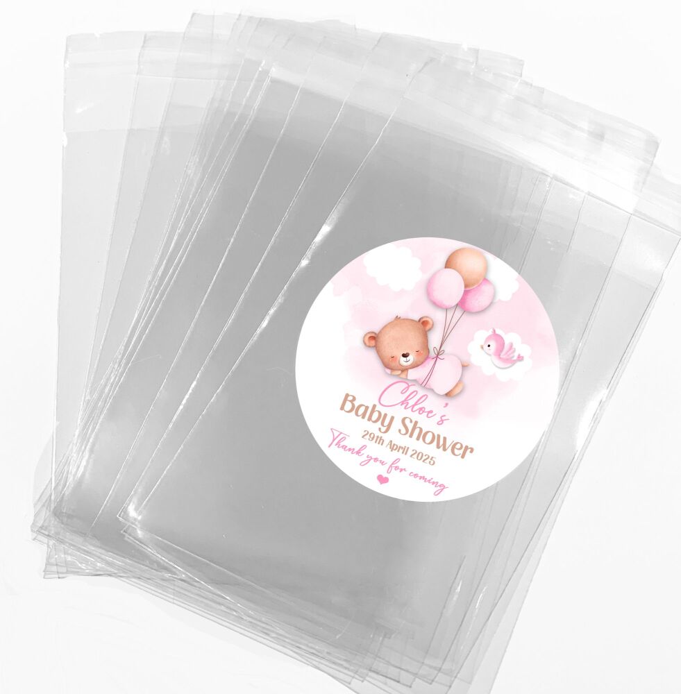 Pink Sleeping Bear Baby Shower Party Favours Sweet Bags & Stickers Kits x1