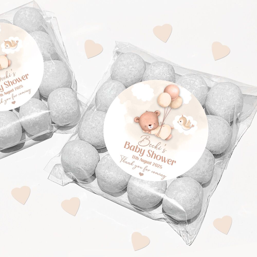 Beige Sleeping Bear Baby Shower Party Favours Sweet Bags & Stickers Kits x1