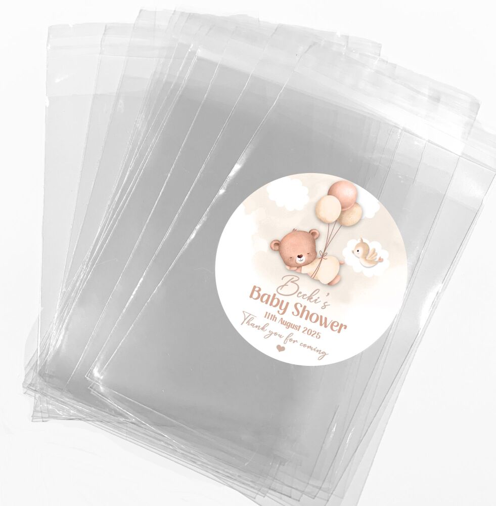 Beige Sleeping Bear Baby Shower Party Favours Sweet Bags & Stickers Kits x1