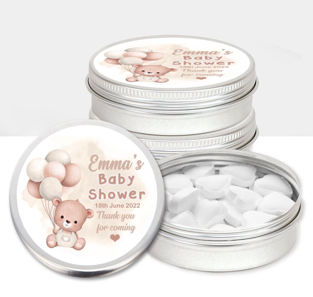 Beige Bear Balloons Baby Shower Party Favours Sweets Mints Tins x1
