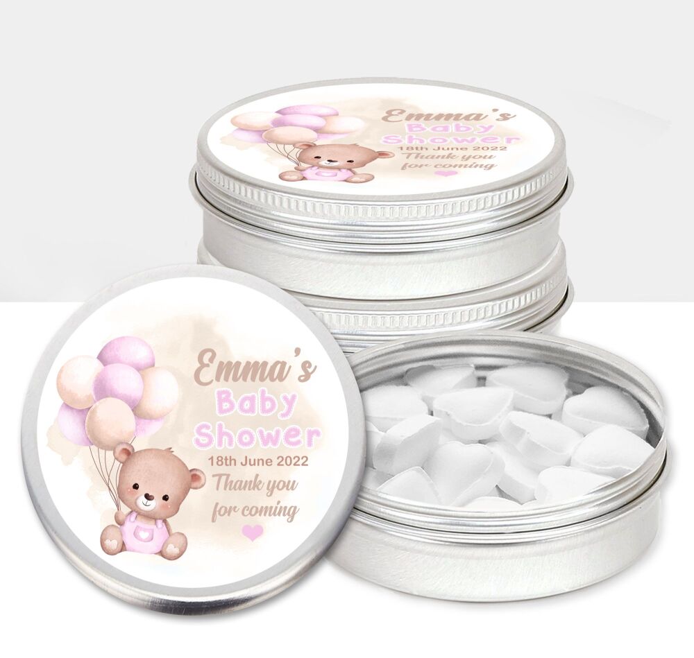 Pink Bear Balloons Baby Shower Party Favours Sweets Mints Tins x1