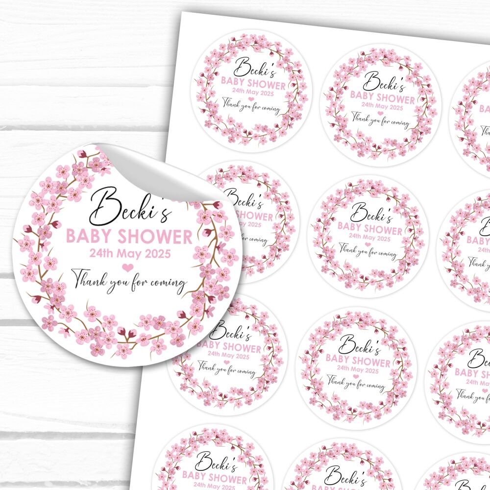 Pink Blossom Wreath Personalised Baby Shower Party Stickers