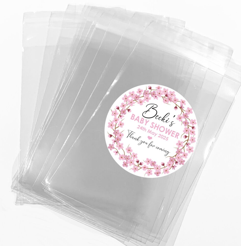 Pink Blossom Wreath Baby Shower Party Favours Sweet Bags & Stickers Kits x1