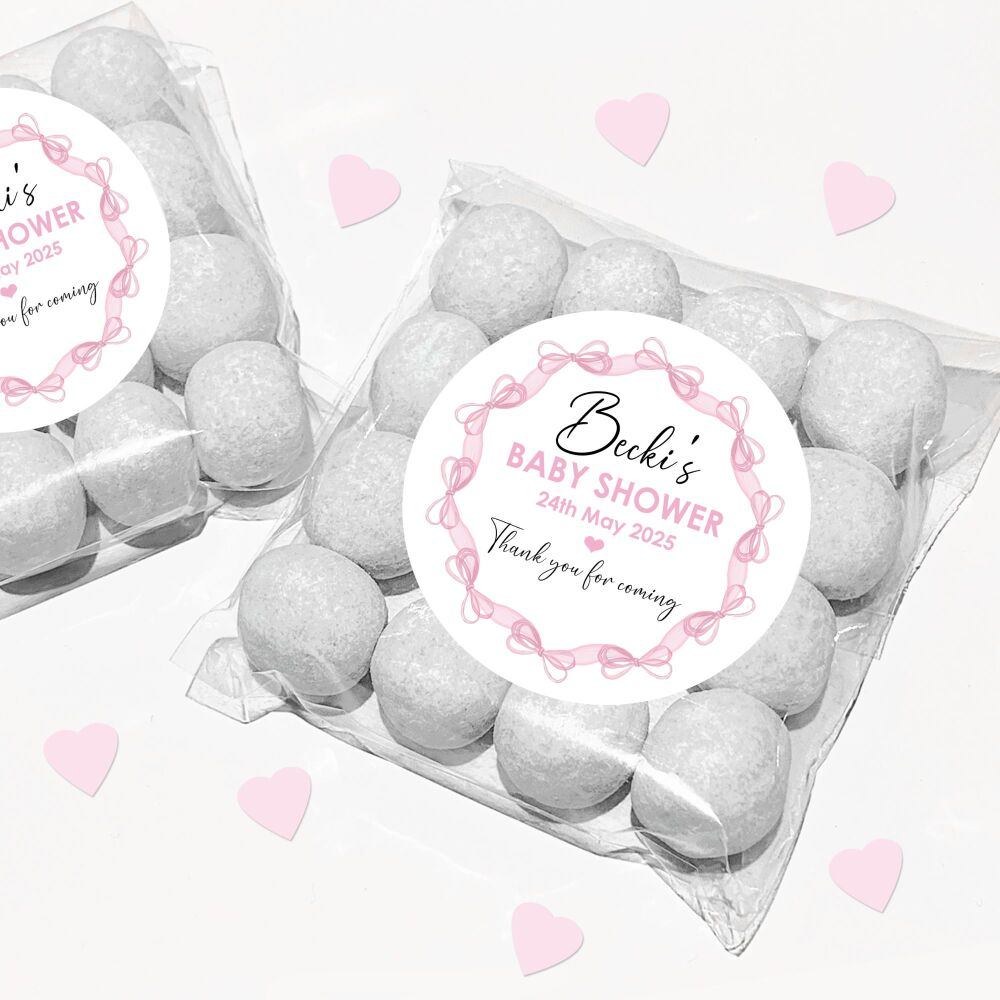 Pink Bows Frame Baby Shower Party Favours Sweet Bags & Stickers Kits x1