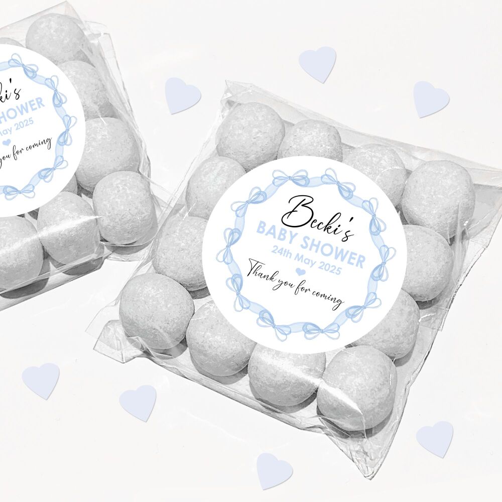 Blue Bows Frame Baby Shower Party Favours Sweet Bags & Stickers Kits x1