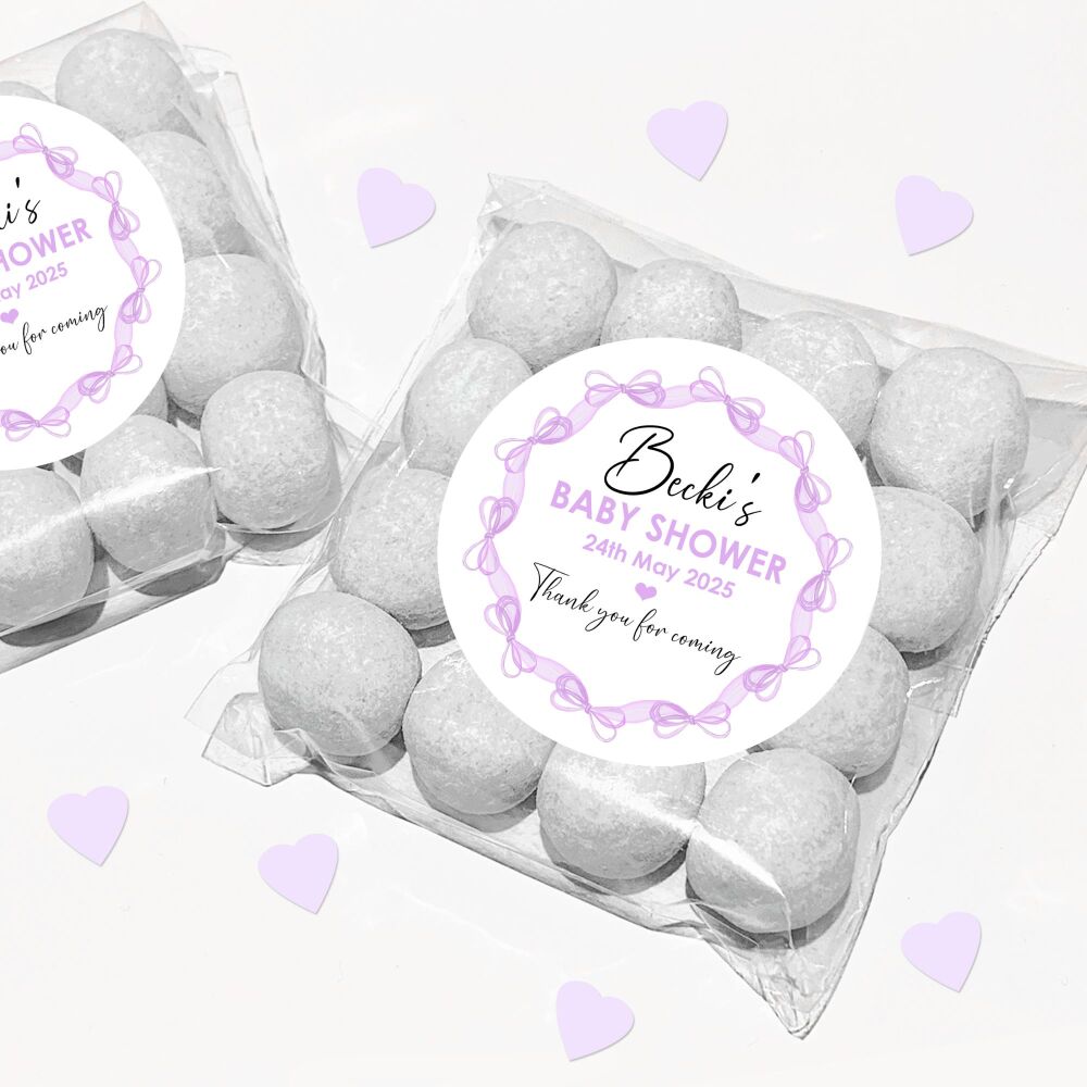 Lilac Bows Frame Baby Shower Party Favours Sweet Bags & Stickers Kits x1