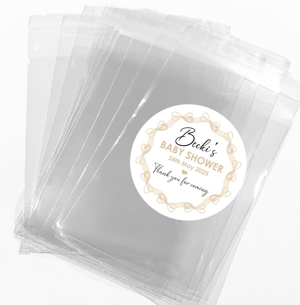 Biege Bows Frame Baby Shower Party Favours Sweet Bags & Stickers Kits x1