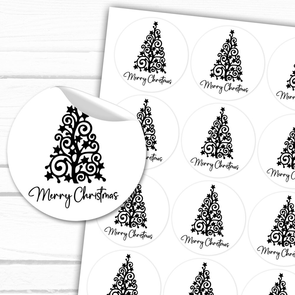 Black Swirl Tree Merry Christmas Stickers Gift Labels Gloss A4 Sheet x1