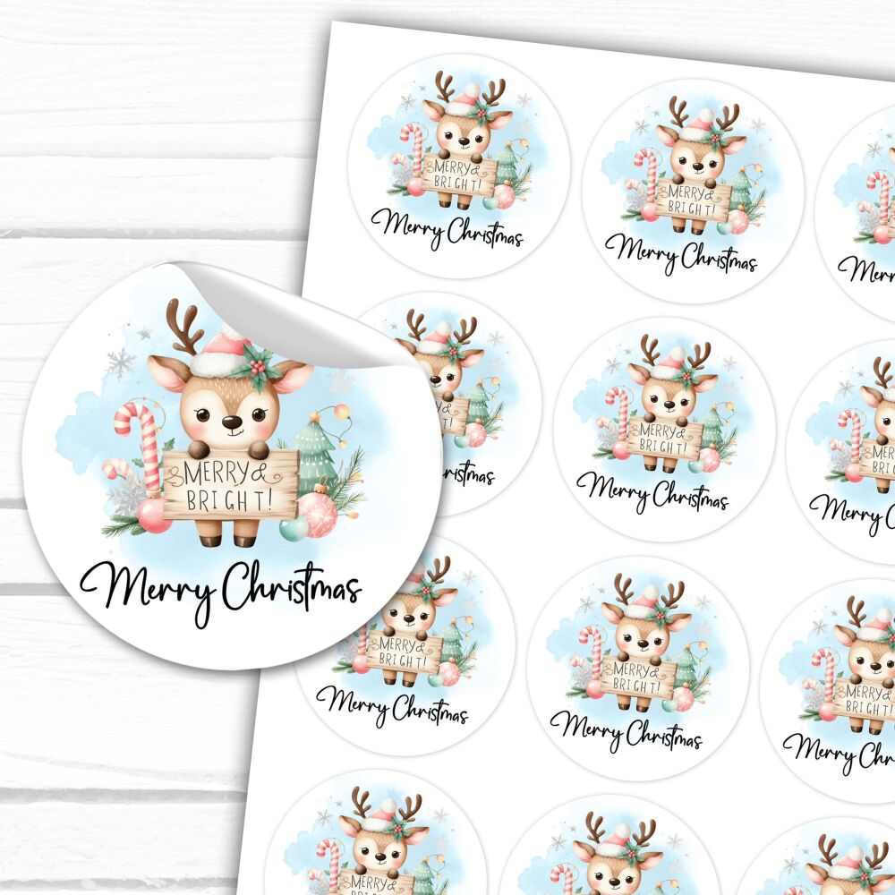 Little Reindeer Sign Merry Christmas Stickers Gift Labels Gloss A4 Sheet x1