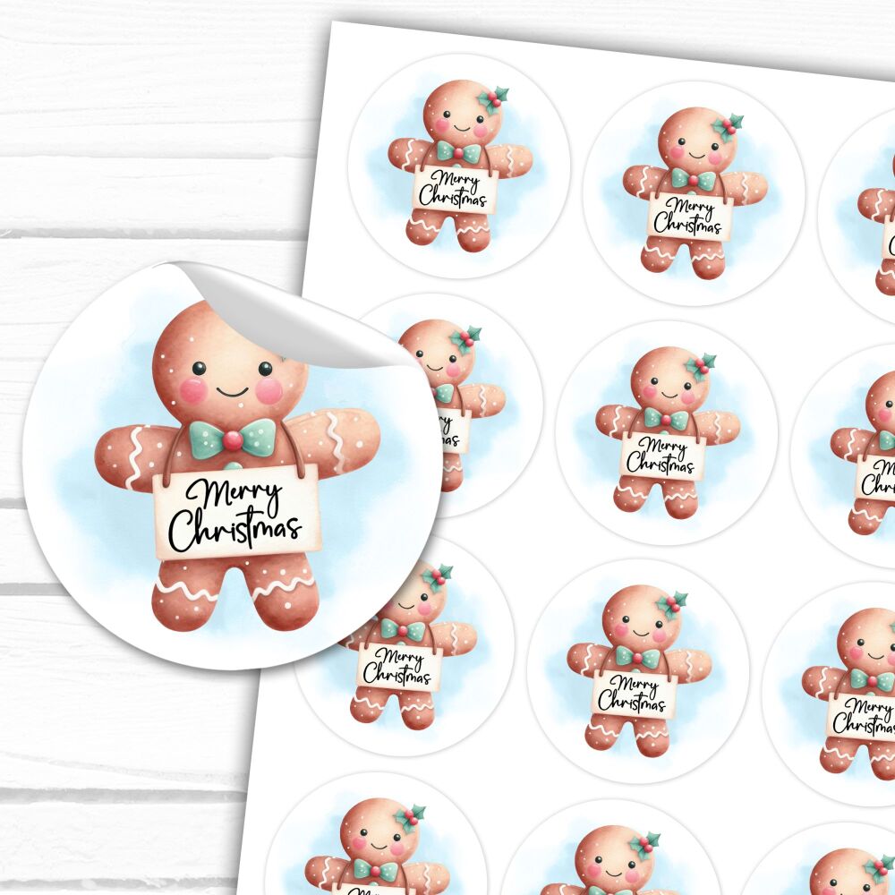 Gingerbread Man Merry Christmas Stickers Gift Labels Gloss A4 Sheet x1