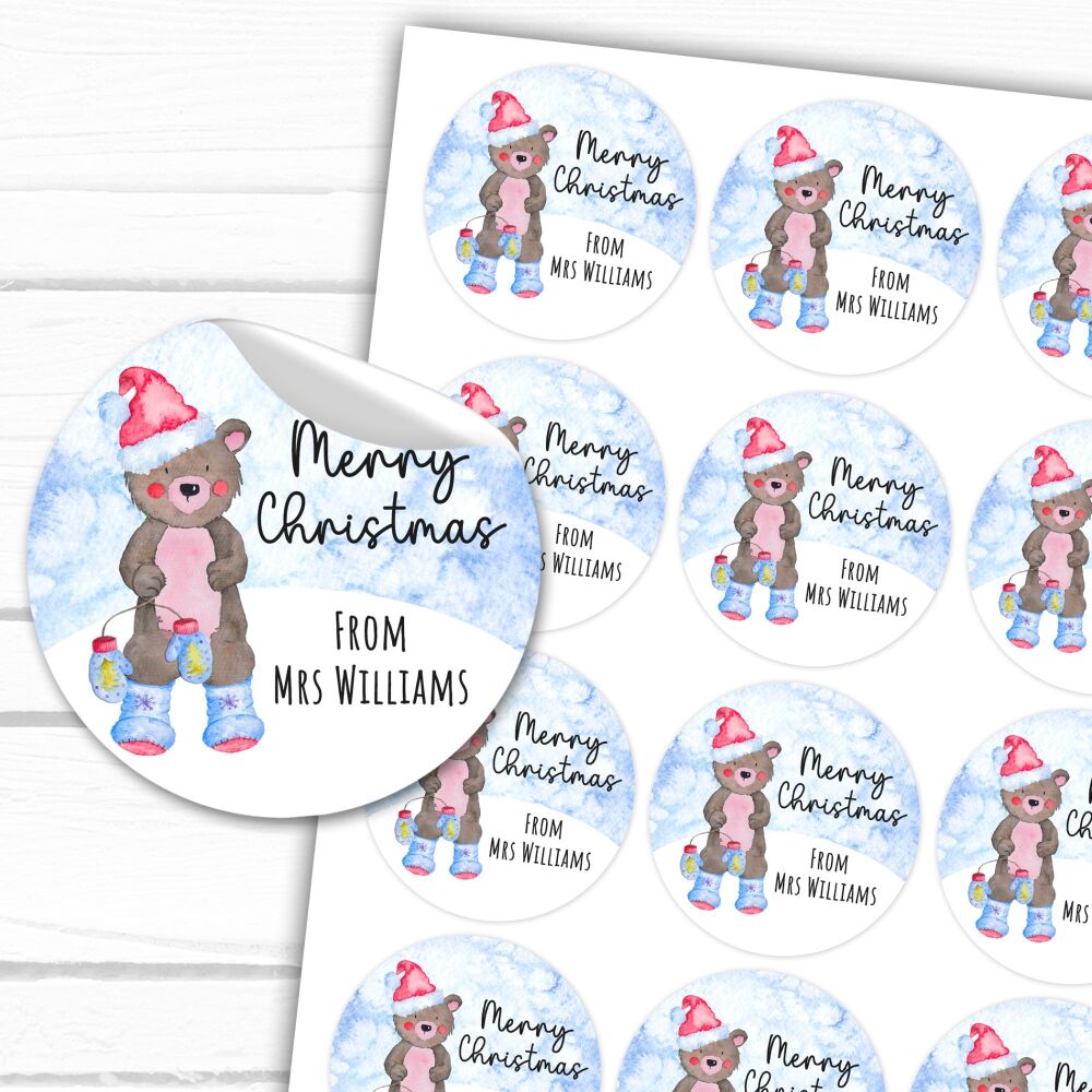 Christmas Stickers Gift Tag Labels Bear In Boots A4 Sheet x1