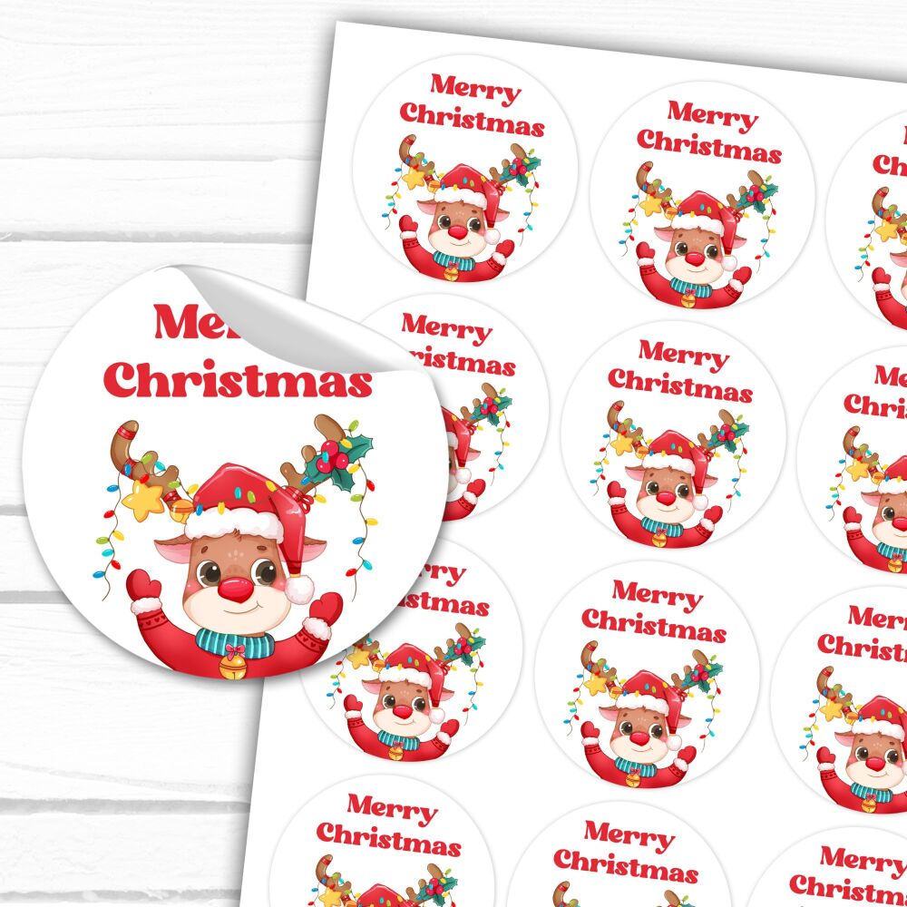 Reindeer Lights Merry Christmas Stickers Gift Labels Gloss A4 Sheet x1