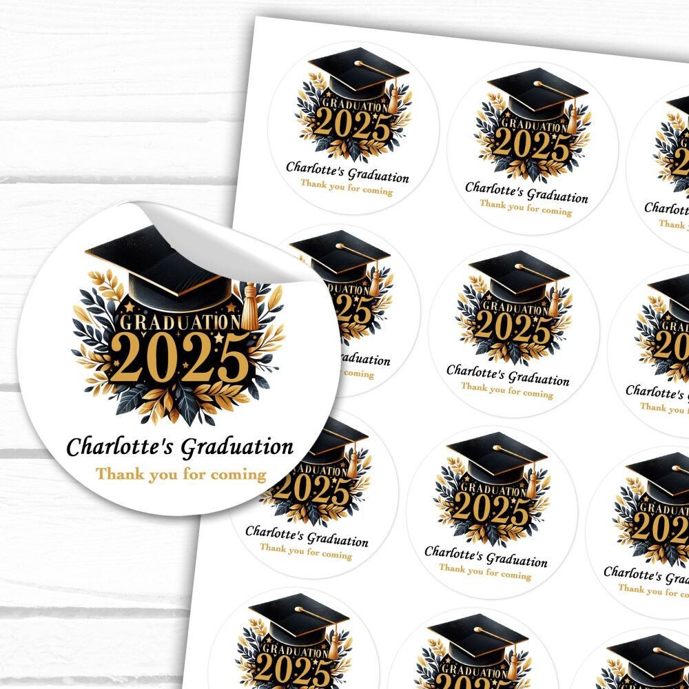 Personalised Graduation Stickers Doctoral Cap Gold Leaves