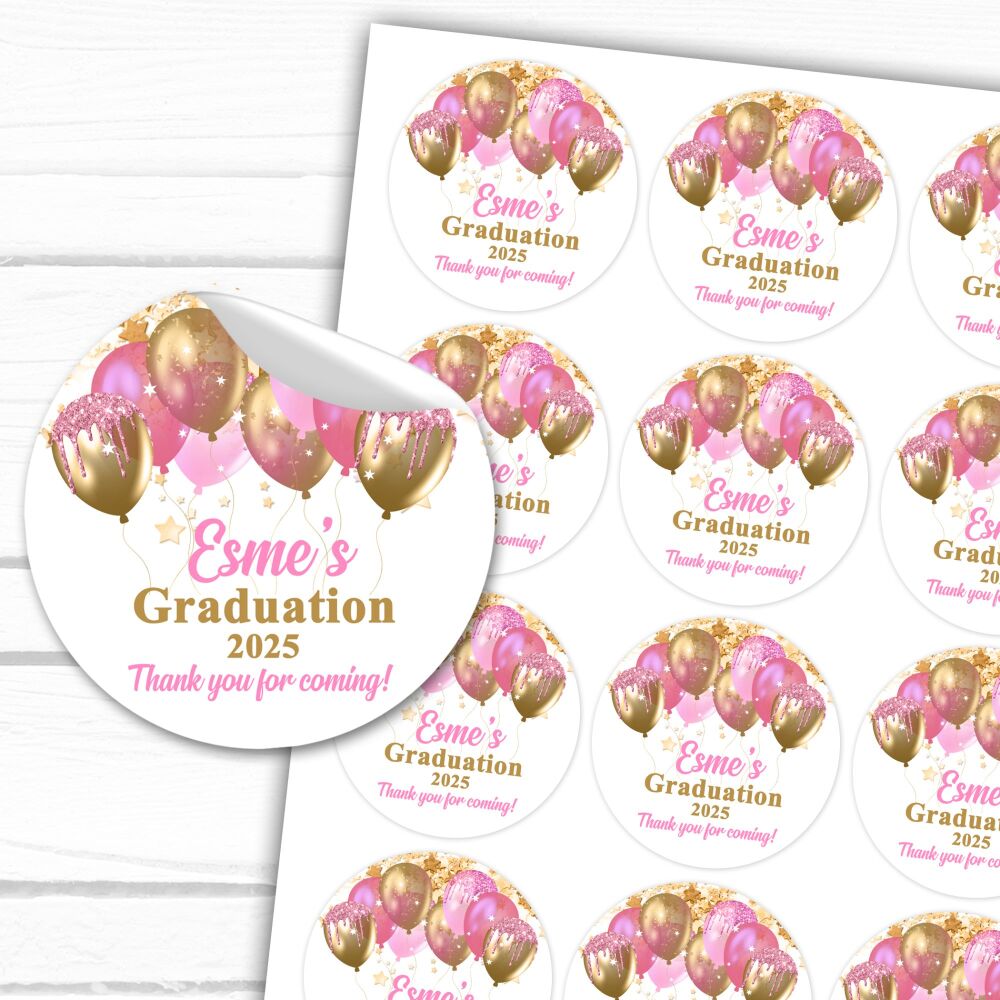 Pink and Gold Balloons Personalised Graduation Stickers