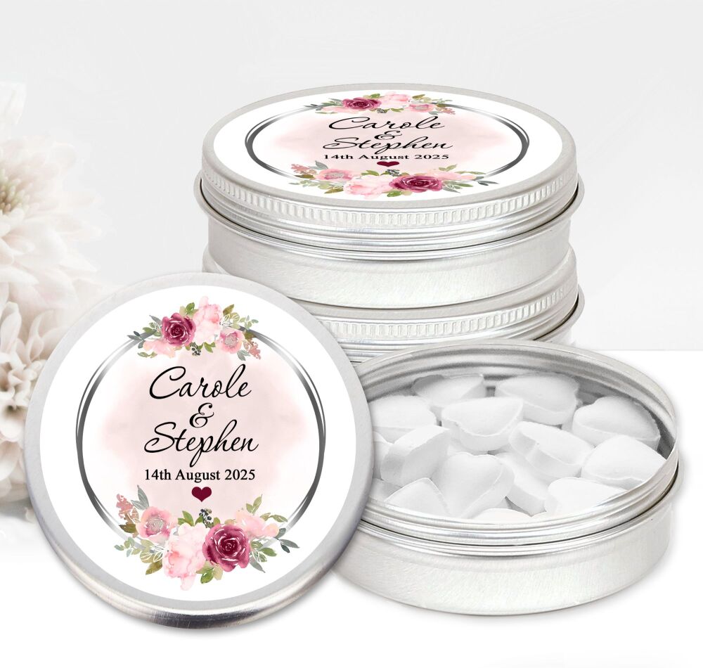 Blush Pink Burgundy Floral Silver Frame Personalised Wedding Favours Mints Tins x1