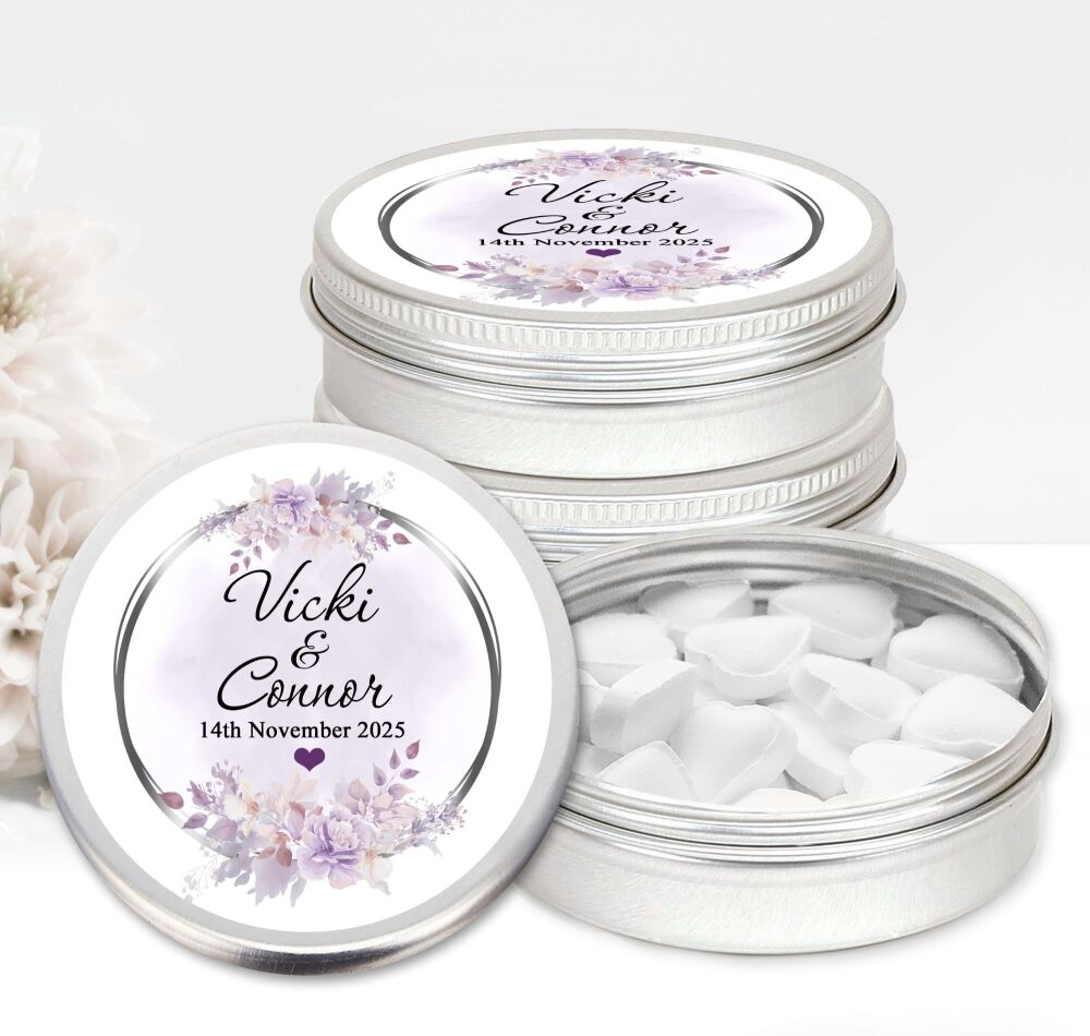 Lilac Floral Silver Frame Personalised Wedding Favours Mints Tins x1