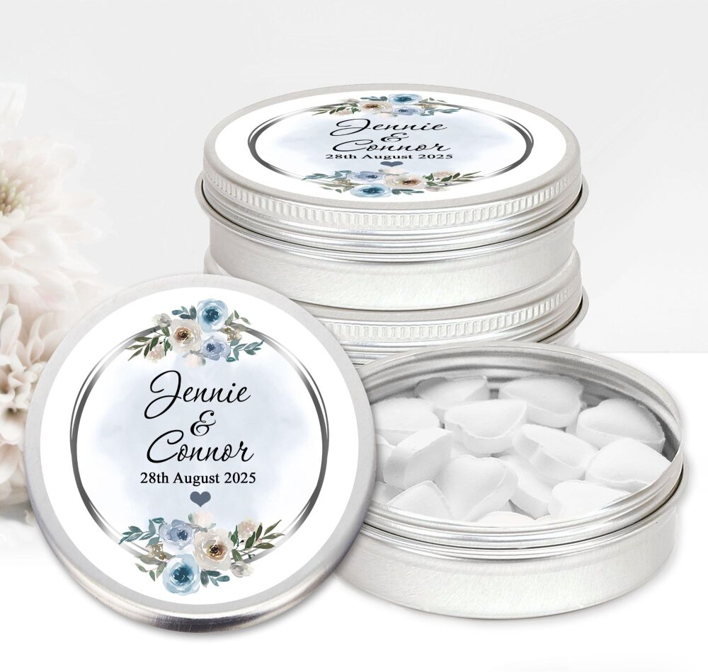 Dusty Blue Floral Silver Frame Personalised Wedding Favours Mints Tins x1