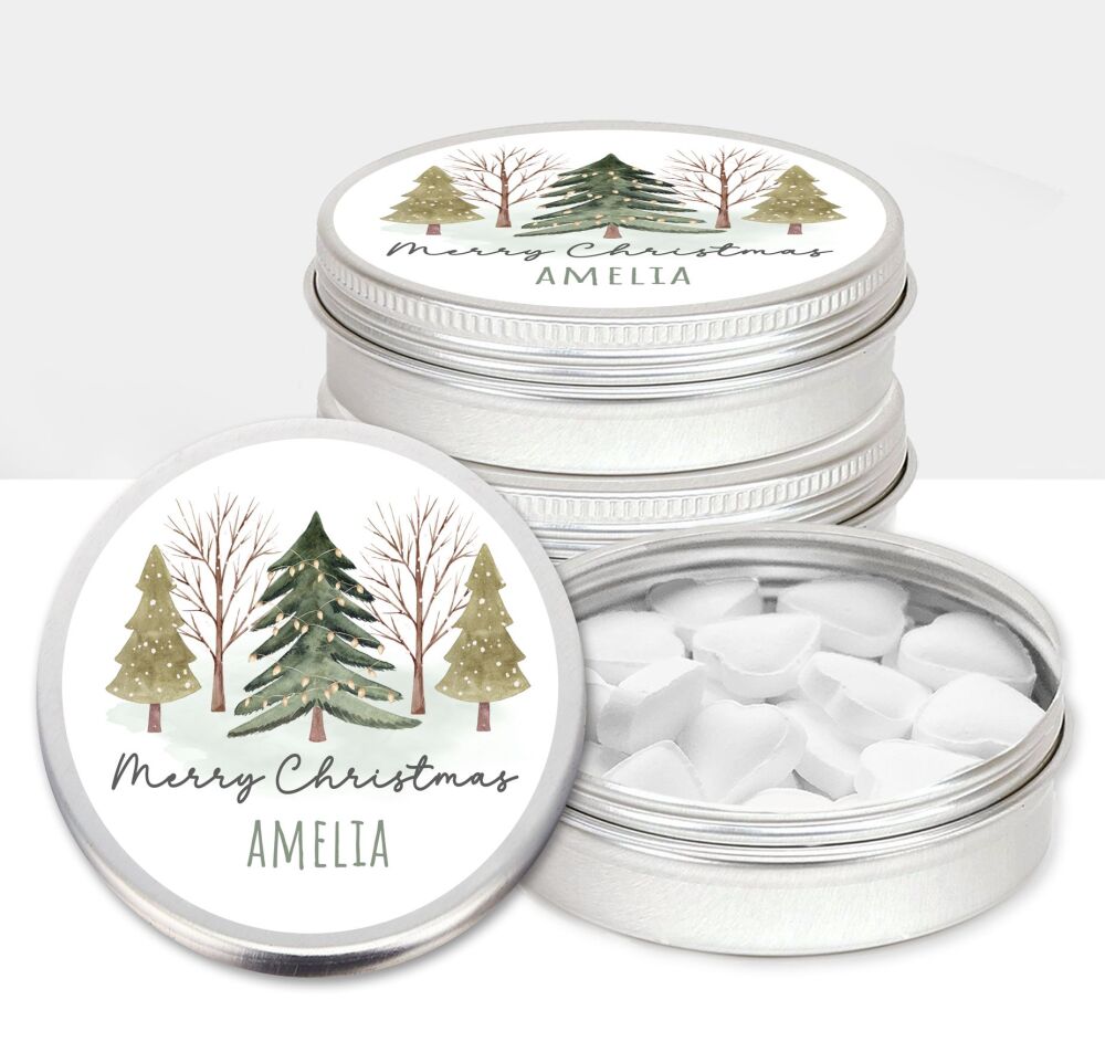 Personalised Christmas Mints Sweets Tins Woodland Trees x1